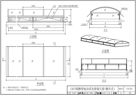 側(cè)開(kāi)圓拱型電動(dòng)天窗結(jié)構(gòu)布置示意圖