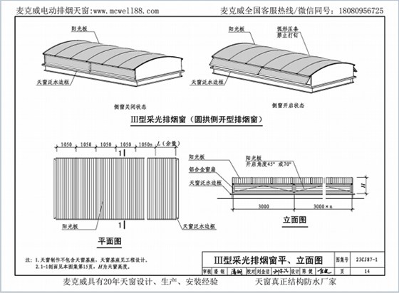 23CJ87-1采光、通風(fēng)、消防排煙天窗（一）中III型側(cè)開式圓拱型電動(dòng)采光排煙天窗