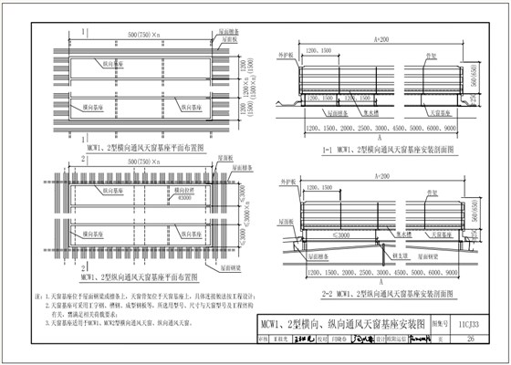 11cj33MCW1、2型橫向、縱向通風(fēng)天窗基座安裝圖